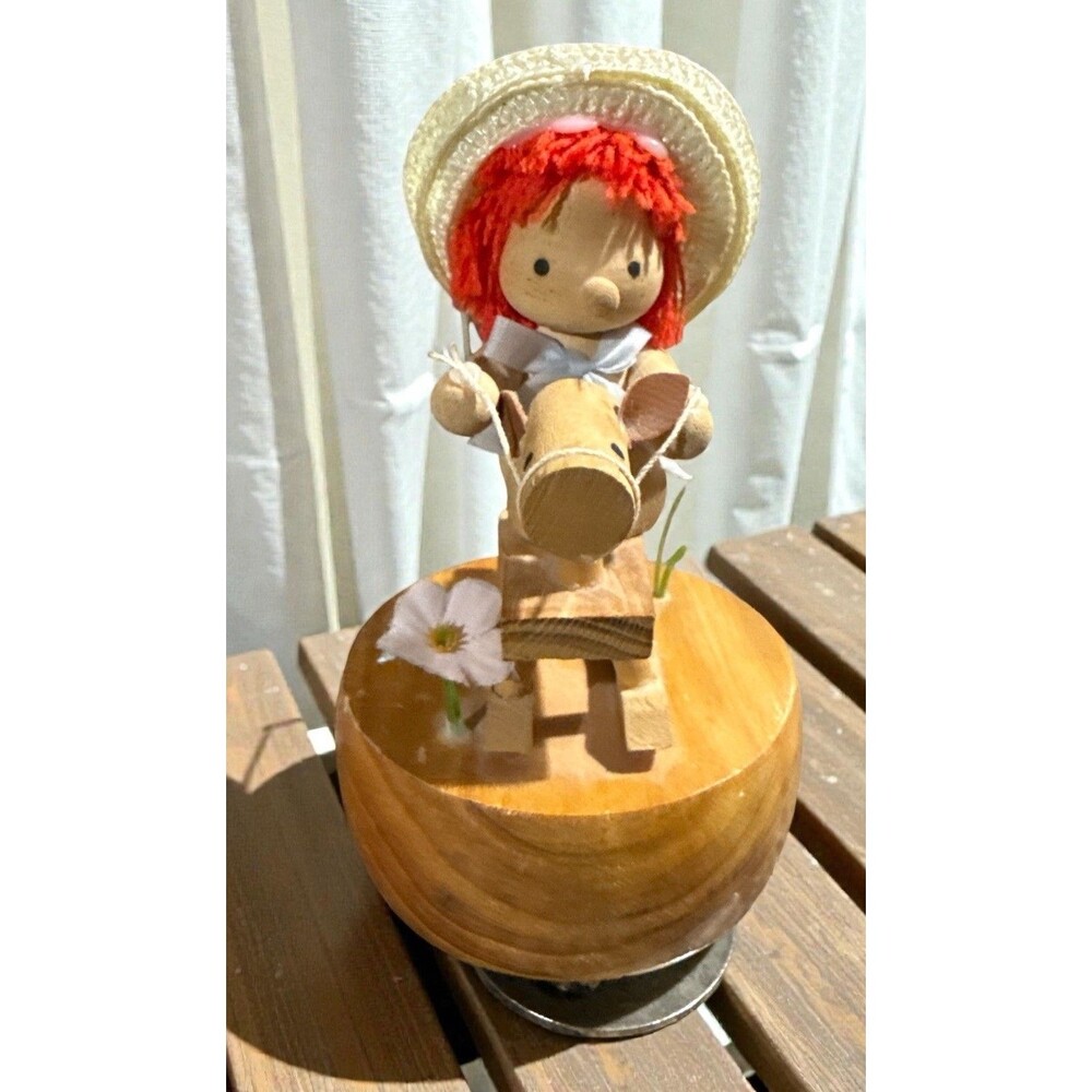 Vintage Wooden Music Box Girl Rocking Horse Figurine Red Yarn Hair 6” Nursery